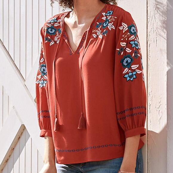 Garnet Hill Embroidered-Yoke Bishop-Sleeve Blouse Womens XL Rust Floral Boho Top - Picture 1 of 10